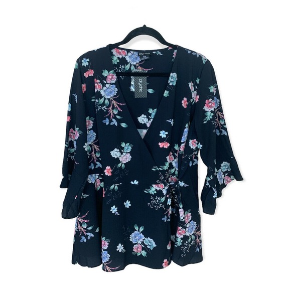 NEW City Chic Black Floral Printed Wrap Blouse Ruffle Sleeve Vneck Boho Size 18 - Picture 2 of 12